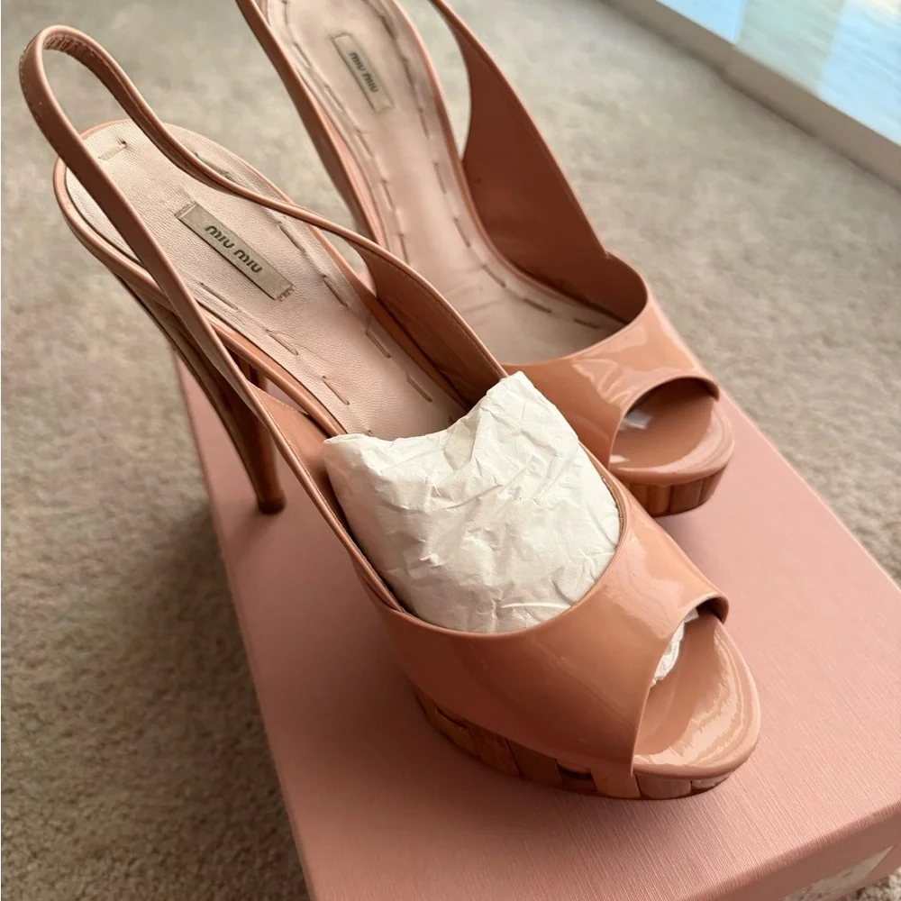 Miu Miu Nude Beige/Pink Peep Toe Platform Slingbacks